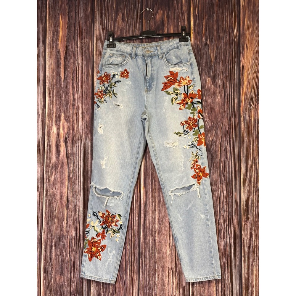 Topshop Moto Mom Jeans Womens W28 L32 Light Wash Floral Embroidered Distressed - Picture 2 of 15